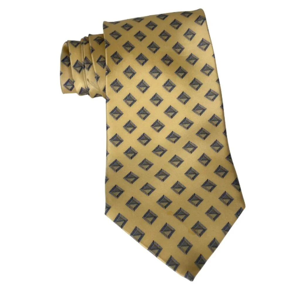 NAUTICA Vintage 90s Geometric Diamond Silk Tie Gold Navy Preppy Academia